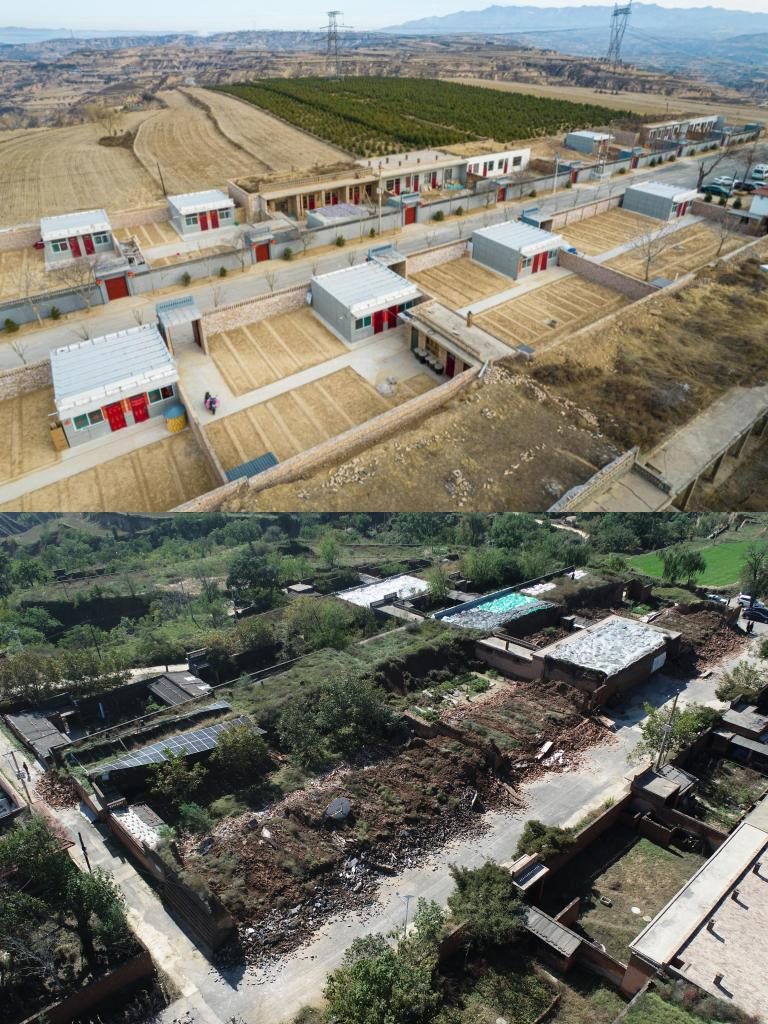 拼版照片，上圖是2022年1月山西省霍州市師莊鄉(xiāng)馮南垣村災(zāi)后恢復(fù)重建后的場景，下圖是2021年10月村莊因?yàn)?zāi)受損的場景。(霍州市委宣傳部供圖)