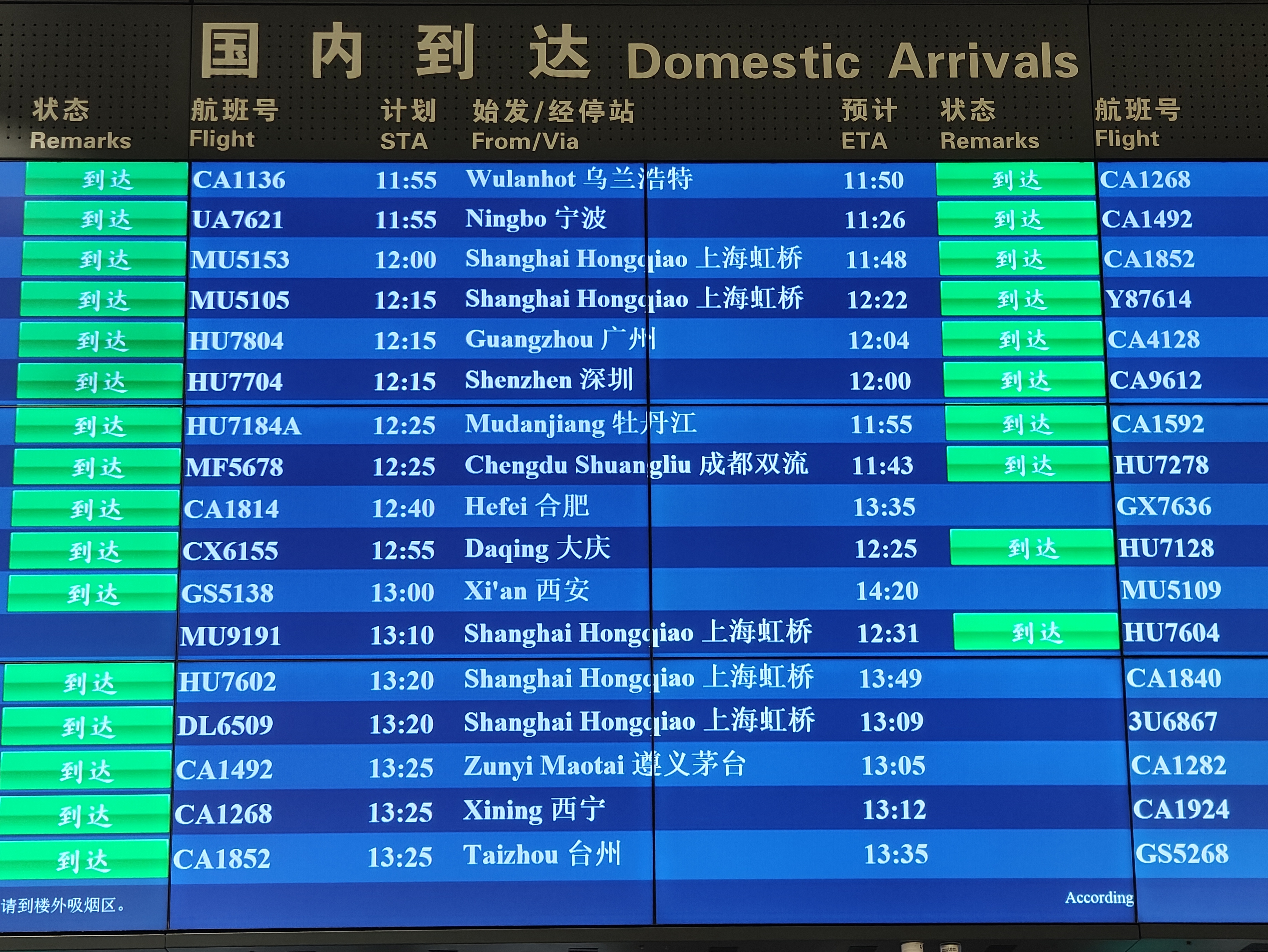 首都機場大屏顯示，MU9191航班于12:31順利到達。人民網(wǎng)記者 夏曉倫攝