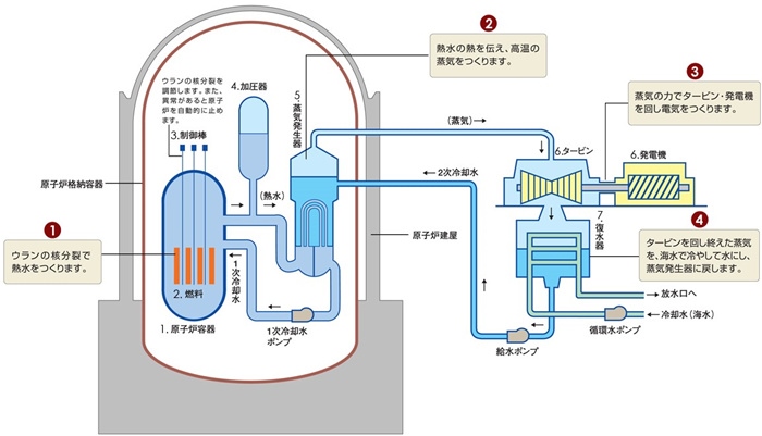 核電站運作原理圖。通常的核電站排水未直接接觸核燃料。（圖片來源：日本北海道電力株式會社網(wǎng)站）