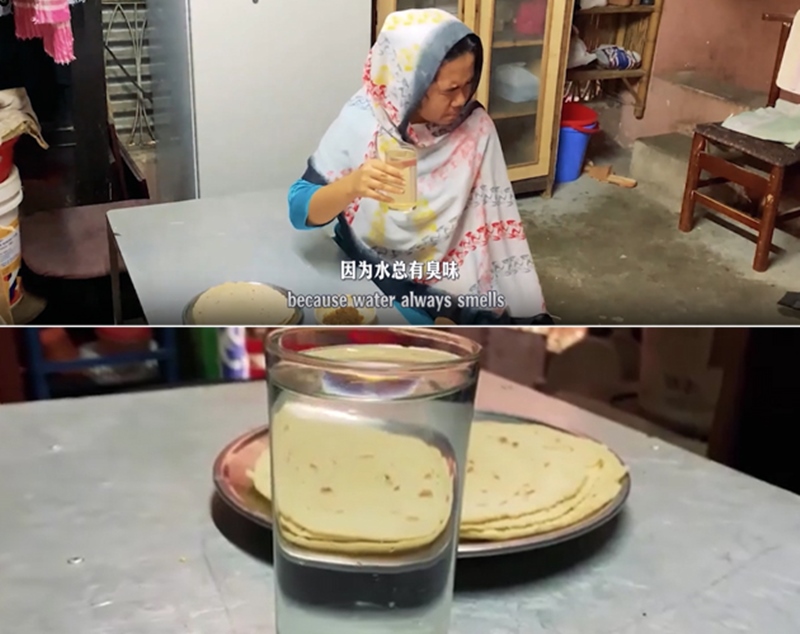 圖為紀(jì)實(shí)短片截圖：上圖為水質(zhì)未改善前，飲用水發(fā)黃渾濁；下圖為水廠(chǎng)建成后，飲用水水質(zhì)明顯改善，清澈透明。
