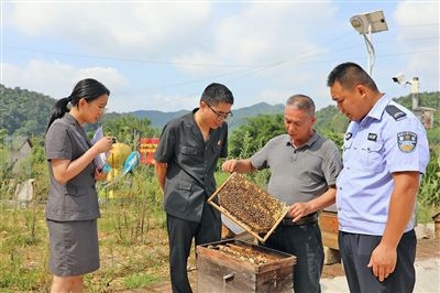  圖②：蒙山法院黃村法庭法官深入蜂蜜合作社，實(shí)地了解蜂農(nóng)需求。