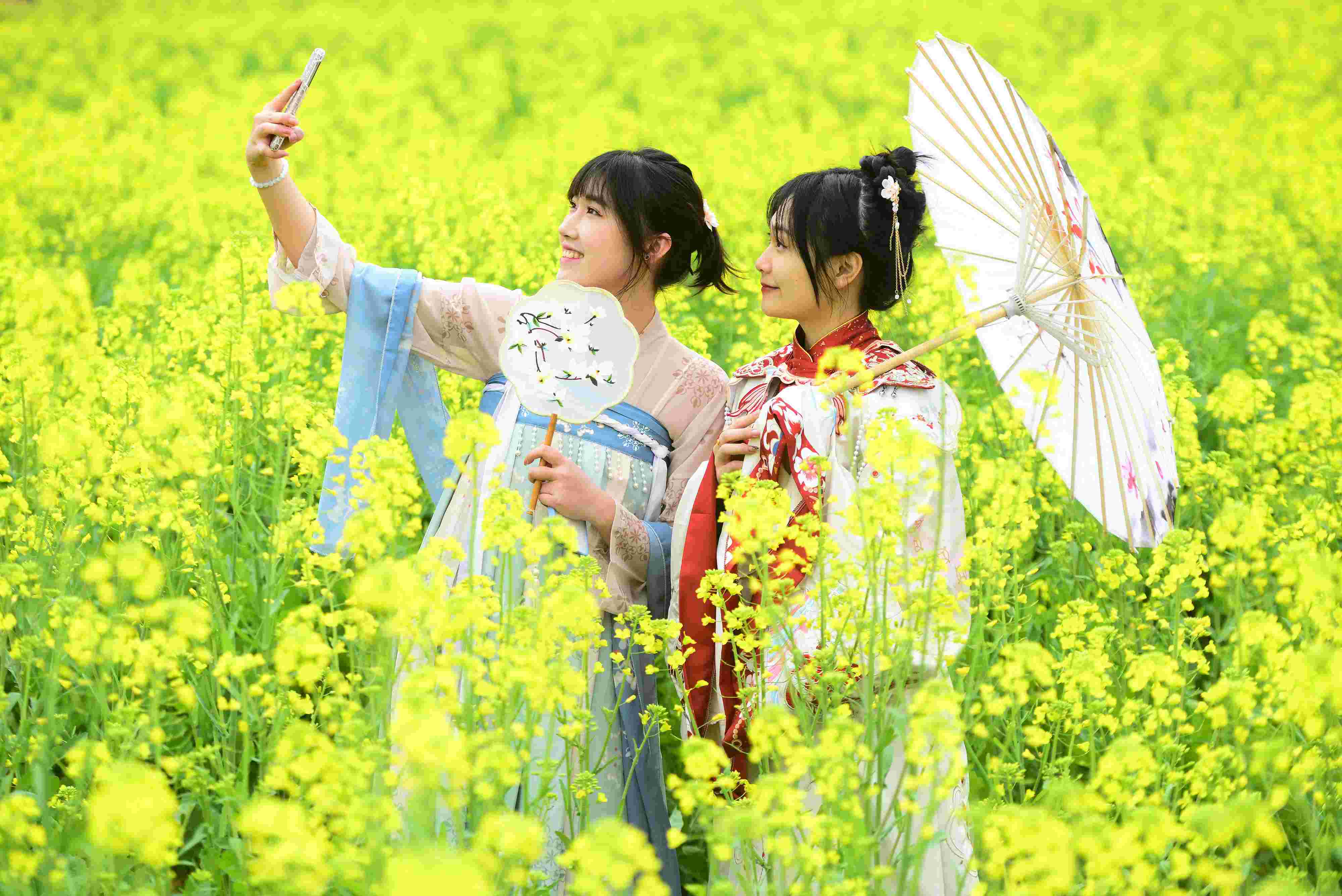 △ 2024年2月16日，廣西賀州，在富川瑤族自治縣麥嶺鎮(zhèn)三民村，游客在油菜花田間賞花拍照。