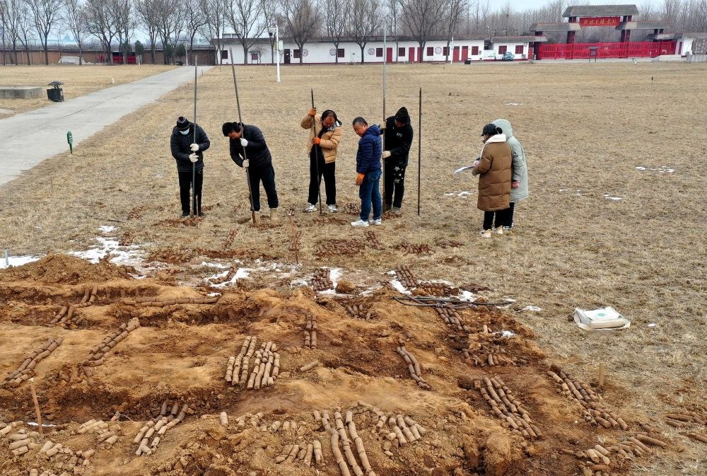 在殷墟王陵遺址，工作人員在勘探圍溝范圍（2月24日攝）。