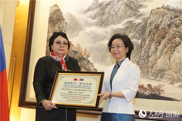 沈大使向?qū)殑跔柆敚ㄗ螅┟貢L(zhǎng)轉(zhuǎn)交捐款。人民網(wǎng)記者 霍文攝