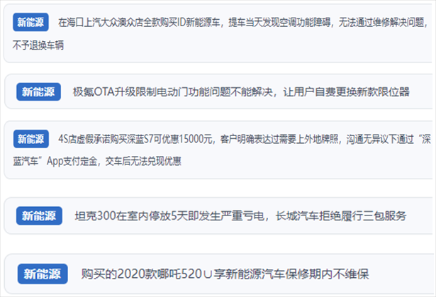 “人民投訴”用戶吐槽新能源汽車功能障礙多發(fā)、升級(jí)后配套服務(wù)跟不上、虛假優(yōu)惠、保修期內(nèi)不維保的問題。（“人民投訴”平臺(tái)截圖）