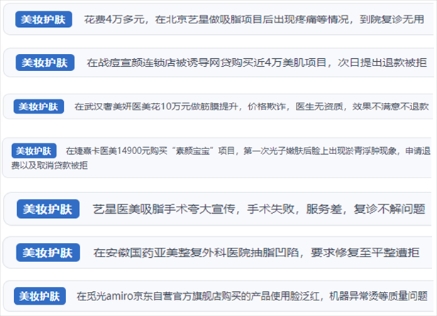 “人民投訴”用戶舉報(bào)醫(yī)美未達(dá)預(yù)期效果或?qū)е律眢w損傷退款遭拒、機(jī)構(gòu)及服務(wù)人員虛假資質(zhì)、被誘導(dǎo)高額醫(yī)美貸、網(wǎng)購美容儀器質(zhì)量不過關(guān)等問題。（“人民投訴”平臺(tái)截圖）