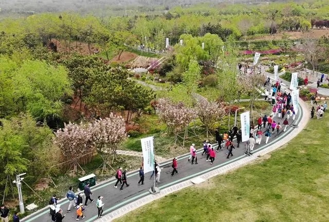 4月27日，登山愛好者在浮山森林公園參加登山健身活動（無人機照片）。新華社記者 李紫恒攝