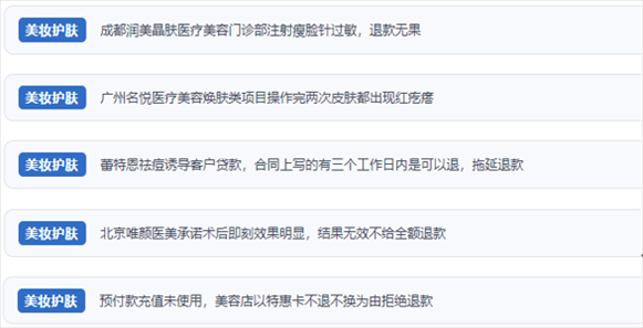 網(wǎng)友涉及醫(yī)美機(jī)構(gòu)虛假宣傳、誘導(dǎo)消費(fèi)、致傷客戶、違約不退費(fèi)等消費(fèi)侵權(quán)的相關(guān)投訴。（“人民投訴”用戶投訴截圖）