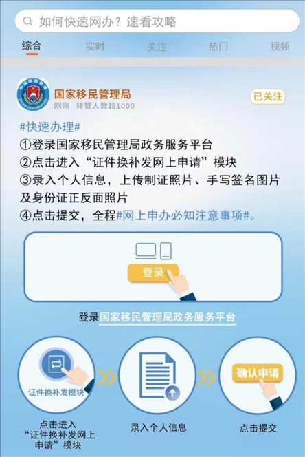 國(guó)家移民管理局出入境證件“全程網(wǎng)辦”流程。圖片來源：微信公眾號(hào)“國(guó)家移民管理局”