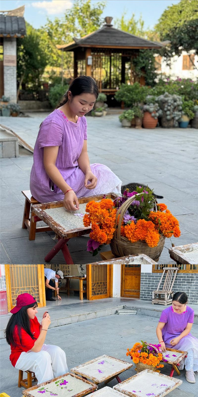 沒有女生不愛花。以古法造紙技藝為基礎(chǔ)，再輔以花草枝葉勾勒各式圖案，創(chuàng)作出花茂村獨具特色的紙漿壓花畫，少女手中的花是她眼中的風(fēng)景，而她與正在制作的紙漿壓花畫也是別人眼中的風(fēng)景。（哈薩克斯坦BAQ通訊社高級記者古爾詹·拉曼庫洛娃、張亞欣攝）