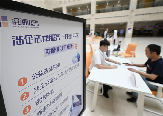 在天津?yàn)I海新區(qū)政務(wù)服務(wù)中心，工作人員在“涉企法律服務(wù)一件事”專區(qū)為市民提供服務(wù)（2024年7月31日攝）。新華社記者 趙子碩 攝