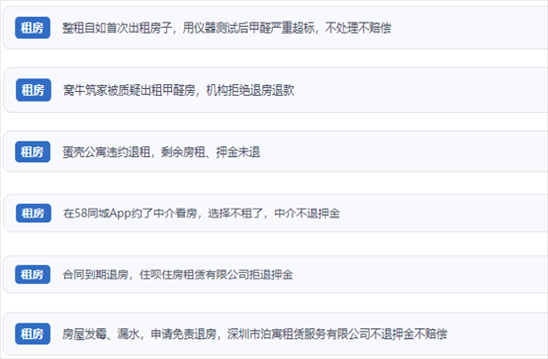 網(wǎng)友涉及租房消費中的相關投訴問題。（“人民投訴”用戶投訴截圖）