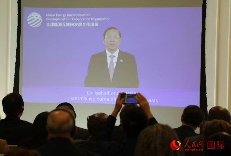 全球能源互聯(lián)網(wǎng)發(fā)展合作組織主席、中國電力企業(yè)聯(lián)合會理事長辛保安通過視頻方式致辭。人民網(wǎng)記者 李志偉攝