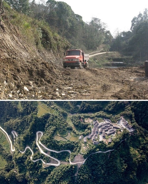 拼版照片：上圖為2011年12月拍攝的湖南省湘西土家族苗族自治州花垣縣十八洞村進(jìn)村道路；下圖為2019年9月拍攝的十八洞村及進(jìn)村道路。