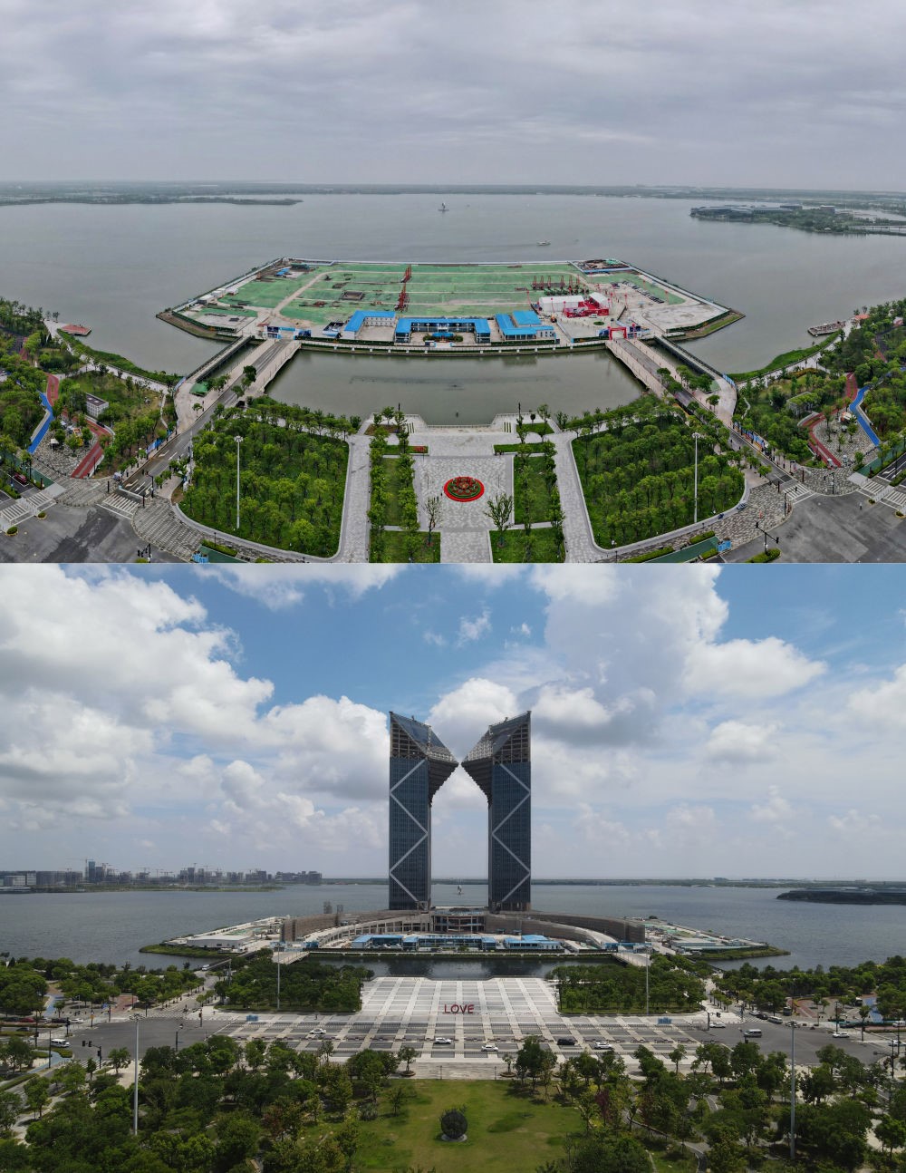 拼版照片：空中俯瞰中國（上海）自由貿(mào)易試驗(yàn)區(qū)臨港新片區(qū)滴水湖西島中銀金融中心項(xiàng)目現(xiàn)場（上圖為2021年6月20日攝，無人機(jī)照片；下圖為2024年8月14日攝，無人機(jī)照片）。2019年8月20日，臨港新片區(qū)揭牌成立，一個開放新高地在長江與東海交匯處日益崛起。
