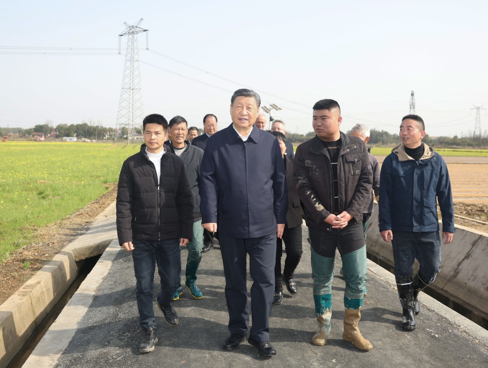 2024年3月19日，習近平在湖南省常德市鼎城區(qū)謝家鋪鎮(zhèn)港中坪村，同種糧大戶、農(nóng)技人員、基層干部親切交流。習近平強調(diào)：“要建設好高標準農(nóng)田，推行適度規(guī)模經(jīng)營，加強政策支持和示范引領，加大良種、良機、良法推廣力度，在精耕細作上下功夫，進一步把糧食單產(chǎn)和品質(zhì)提上去，讓種糧也能夠致富，進而吸引更多農(nóng)戶參與發(fā)展現(xiàn)代化大農(nóng)業(yè)，真正把中國特色農(nóng)業(yè)現(xiàn)代化之路走穩(wěn)走扎實?！? width=