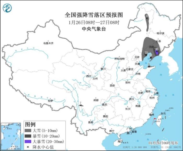 全國(guó)強(qiáng)降雪落區(qū)預(yù)報(bào)圖(1月26日08時(shí)-27日08時(shí)) 圖片來(lái)源：中央氣象臺(tái)網(wǎng)站