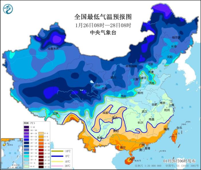 全國(guó)最低氣溫預(yù)報(bào)圖(1月26日08時(shí)-28日08時(shí)) 圖片來(lái)源：中央氣象臺(tái)網(wǎng)站