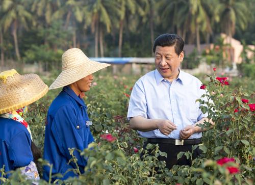 △2013年4月9日，習(xí)近平總書記在海南亞龍灣蘭德玫瑰風(fēng)情產(chǎn)業(yè)園向花農(nóng)了解玫瑰種植管理技術(shù)。