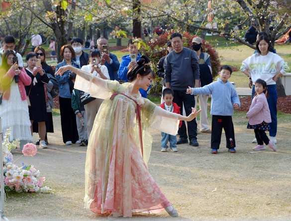 清明假期期間，上海顧村公園櫻花島上，游客在觀賞國風漢服快閃表演。（圖片來源：視覺中國）