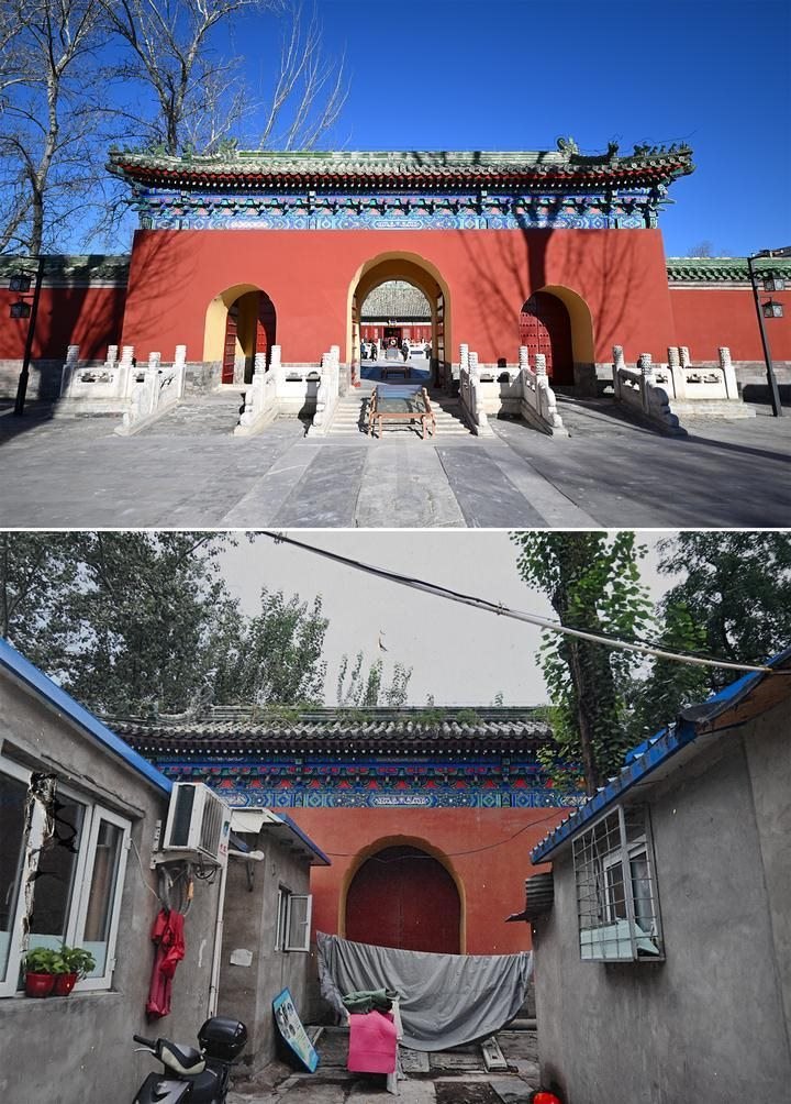 位于先農(nóng)壇內(nèi)的慶成宮，曾長(zhǎng)時(shí)間被雜亂的民居占據(jù)。在北京中軸線申遺保護(hù)工作的帶動(dòng)下，北京完成了慶成宮區(qū)域文物征收騰退、非文物建筑拆除、彩畫(huà)保護(hù)、本體修繕、展覽布陳等，讓560多年歷史的古建群重新回歸。2024年12月，北京中軸線上先農(nóng)壇內(nèi)的慶成宮首次面向社會(huì)公眾開(kāi)放。上圖為騰退修繕后的慶成宮內(nèi)宮門（資料照片）；下圖為翻拍的慶成宮內(nèi)宮門騰退修繕前的資料照片（2024年12月21日攝）。